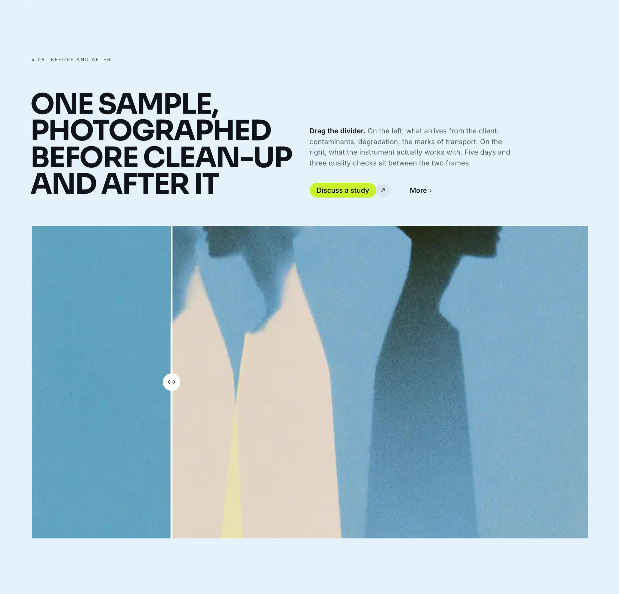 One sample, photographed before clean-up and after it